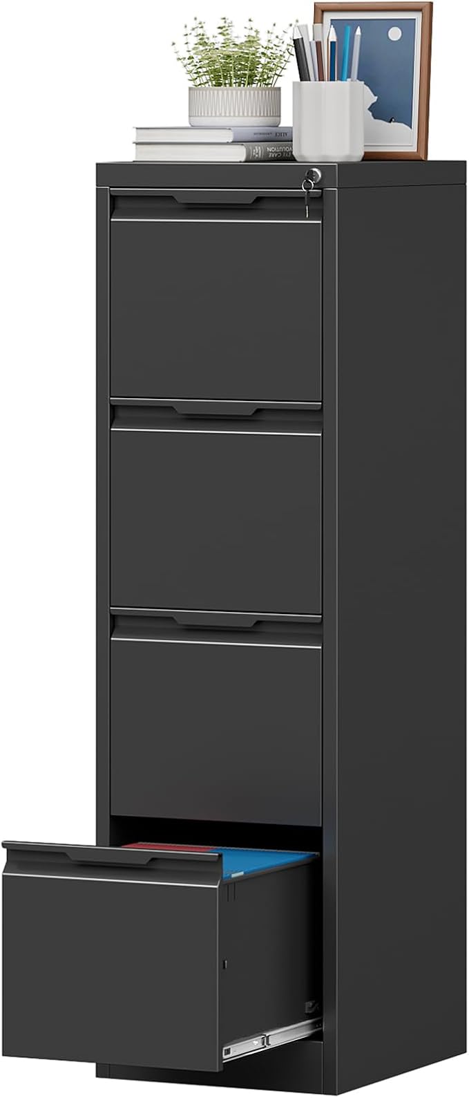 4 Drawer File Cabinet with Lock,Metal Vertical Filing Cabinets for Home Office,Heavy Duty File Storage Cabinet for Letter/Legal/A4/F4 Size File,Easy to Assemble,Black