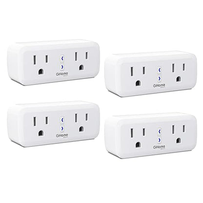 15A Dual Smart Plug 4 Pack, GHome Smart Plugs that Work with Alexa and Google Home, 2-in-1 Compact Smart Outlet Timer with APP Remote Control, 2.4GHz Wi-Fi Only, No Hub Required, FCC Listed