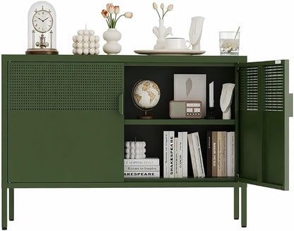 Metal Storage Cabinet,2 Door TV Stand, Metal Mesh Accent Cabinet,Magnetic Door Closure,Low Storage Cabinets with Doors and Shelves