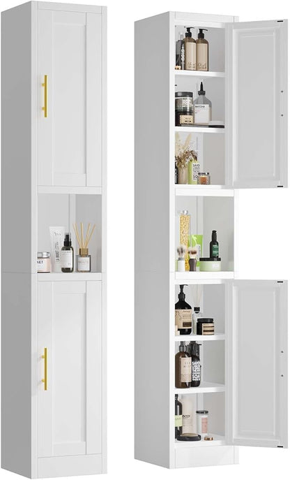 pozdeg 67" Tall Narrow Storage Cabinet Metal Bathroom Cabinet with 2 Doors & 4 Adjustable Shelves, Standing Pantry Cabinets Cupboard for Kitchen, Dining Room, Living Room and Bathroom (White)