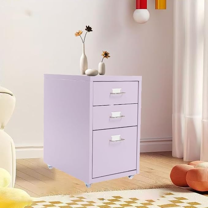 3-Drawer Mobile File Cabinet, Metal Filing Storage Cabinet with Wheels Small Nightstand Under Desk Organizer for Home Office (Purple)