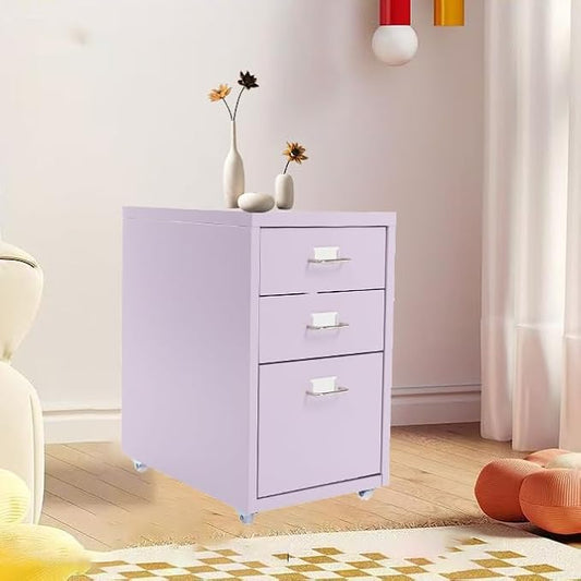 3-Drawer Mobile File Cabinet, Metal Filing Storage Cabinet with Wheels Small Nightstand Under Desk Organizer for Home Office (Purple)