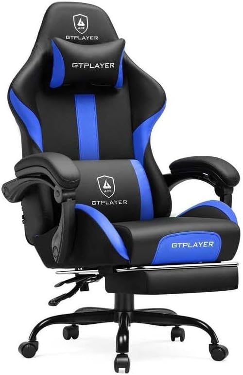 GTPLAYER Gaming Chair with Pocket Spring Cushion, Leather Office Chair with Ergonomic High Back & Lumbar Support for Back Pain Relief, Computer Game Chair for Adults, Cobalt Blue