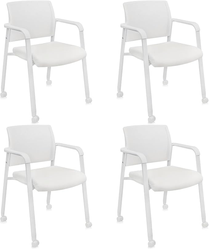 CLATINA Mesh Back Guest Reception Stacking Chair with Wheels, Waiting Room Stackable Chairs with Upholstered Leather Seat & Ergonomic Lumbar Support for Office Conference School Lobby, White, 4 Pack