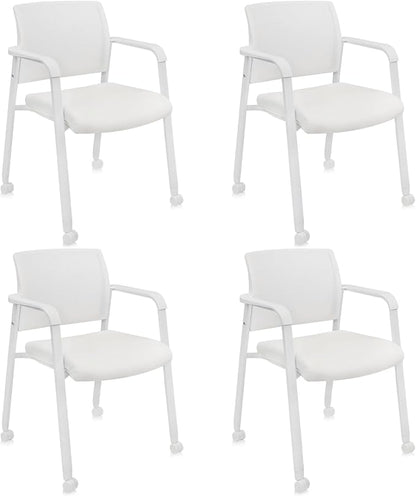 CLATINA Mesh Back Guest Reception Stacking Chair with Wheels, Waiting Room Stackable Chairs with Upholstered Leather Seat & Ergonomic Lumbar Support for Office Conference School Lobby, White, 4 Pack