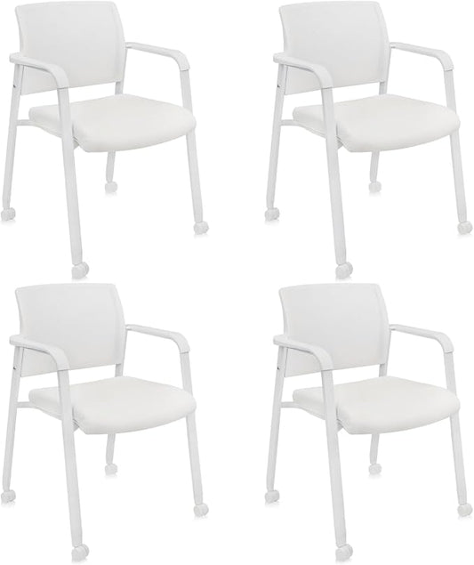 CLATINA Mesh Back Guest Reception Stacking Chair with Wheels, Waiting Room Stackable Chairs with Upholstered Leather Seat & Ergonomic Lumbar Support for Office Conference School Lobby, White, 4 Pack