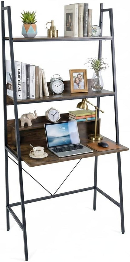 Tangkula 3-Tier Ladder Computer Desk, 71 Inch Modern Writing Desk with Storage Shelves, PC Laptop Workstation, Ladder Bookcase Stand Shelf with Metal Frame, Study Shelf Desk for Home Office (Brown)