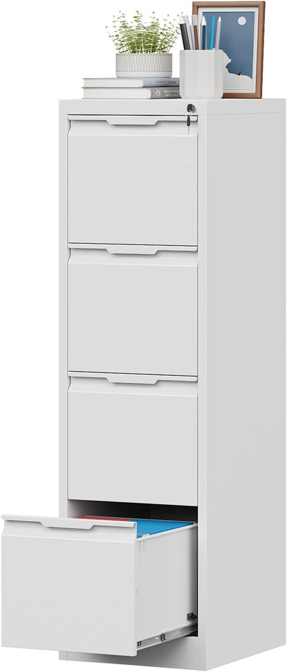 4 Drawer File Cabinet with Lock,Metal Vertical Filing Cabinets for Home Office,Heavy Duty File Storage Cabinet for Letter/Legal/A4/F4 Size File,Easy to Assemble,Black,White