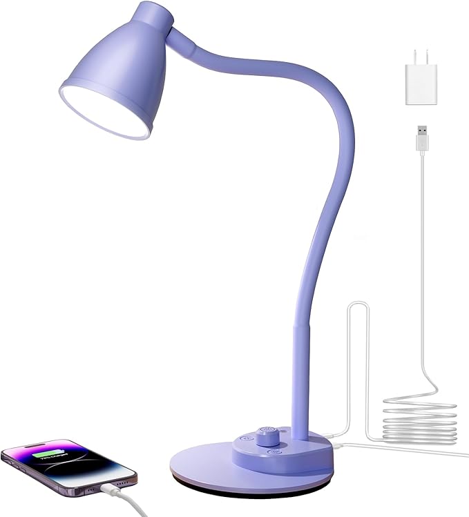 BOHON LED Desk Lamp with USB Charging Port, 3 Color Modes Dim, Lilac Purple | Reading Lamp, Auto Dimming Task Lamp, Flexible Neck Table Light for Office Dorm Bedside, Adapter Include