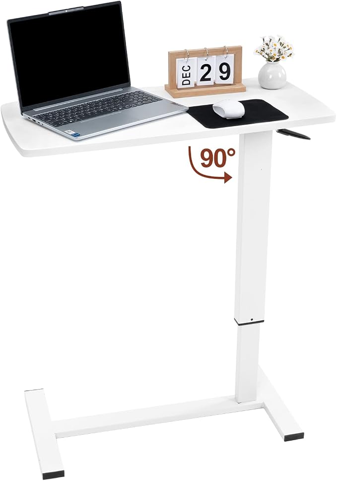 Overbed Bedside Table with Wheels, Adjustable Pneumatic Mobile Standing Desk, Laptop Table Rolling Bed Desk Foldable for Hospital & Home (32" W x 16" D, White)