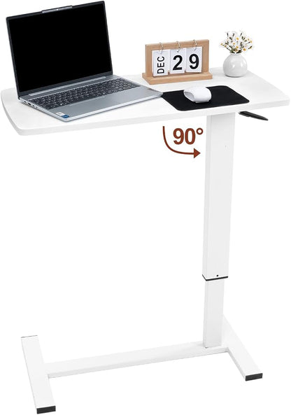 Overbed Bedside Table with Wheels, Adjustable Pneumatic Mobile Standing Desk, Laptop Table Rolling Bed Desk Foldable for Hospital & Home (32" W x 16" D, White)