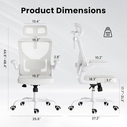 Soohow Office Chair, Ergonomic Office Mesh Desk Chair with Adjustable Back Support, High Back Comfy Computer Swivel Chair with Headrest, Lumbar Support for Study Room, Gaming and Office, White & White