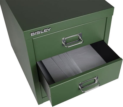 Bisley 3-Drawer Steel MultiDrawer Cabinet - Olive Green | Chrome Pull Handles with Label Holders, Powder-Coated Steel, Removable Drawers, Desktop Storage, Labels Included