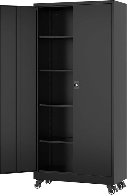 Fesbos Metal Rolling Storage Cabinet-74.6” Tall Steel File Cabinets with Wheels Lockable Doors and Adjustable Shelves-Black Steel Storage Cabinet for Home, School, Office, Garage