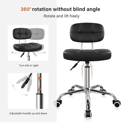 KKTONER Black Home Office Chair Leather Rolling Stool with Swivel Wheels with Backrest Height Adjustable for Home Office Computer Desk SPA