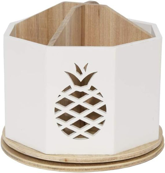 Spinning Desktop Stationary Organizer – Decorative Wooden Rotating Pen and Pencil Cup – 4 Compartment White Desk and Table Top Office Supplies Station with Pineapple Cutout - by Designstyles