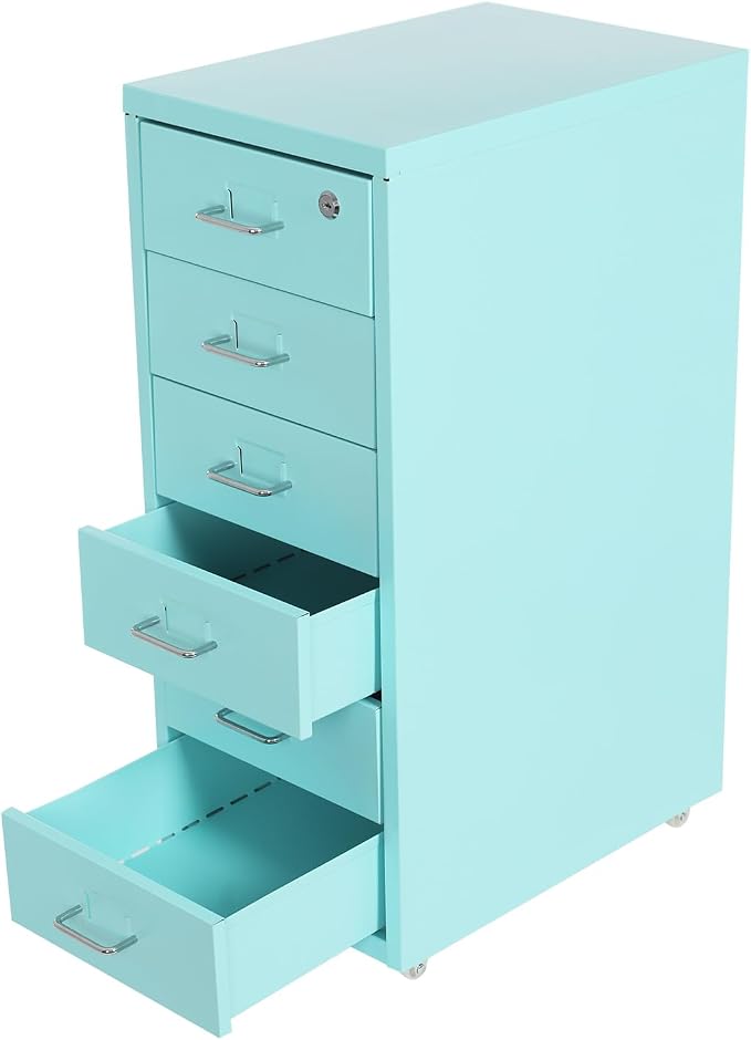 Vertical File Cabinet, 6 Drawers Rolling File Organizer Cabinets with Lock, Heavy Duty Metal Storage Cabinet, Movable Under Desk Filing Cabinet for Office, Study, Dresser (Blue)