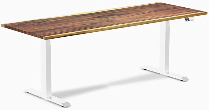 Desky Dual Hardwood Sit Stand Desk - 80x30 Electric Standing Desk - Dual Motor, 3 Stage Adjustable Height Desk - Solid Wood Standing Desk - Whole-Piece Top in Saman Wood