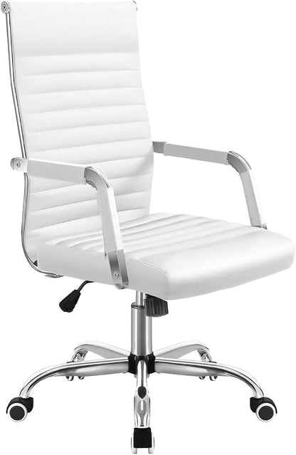 Shahoo Ribbed Office Chair, Mid-Back PU Leather Office Chair Executive Task Chair with 360° Swivel Wheels for Conference Room, Home Offices (White)