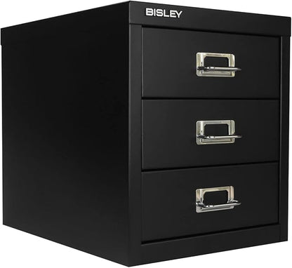 Bisley 3-Drawer Steel MultiDrawer Cabinet - Black | Chrome Pull Handles with Label Holders, Powder-Coated Steel, Removable Drawers, Desktop Storage, Labels Included