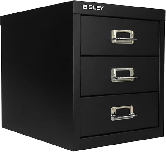 Bisley 3-Drawer Steel MultiDrawer Cabinet - Black | Chrome Pull Handles with Label Holders, Powder-Coated Steel, Removable Drawers, Desktop Storage, Labels Included