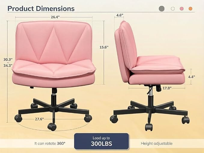 DurayLoly Criss Cross Office Chair with Wheels, Cross Legged Office Chair with 2 Layer Comfty Leather, Armless Wide Vanity Chair for Home Office, Pink