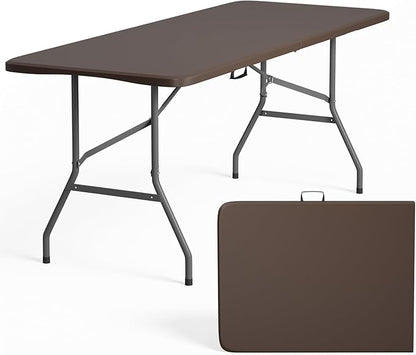 FDW 6 FT Folding Table, Portable Plastic Table with Carrying Handle Perfect for Indoor, Outdoor, Party, Dining, Wedding, Events, Camping, Brown