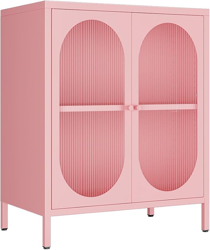Small 2 Door Metal Storage Cabinet for Pantry,Office Room,Kitchen,Bathroom,Living Room, Hallway-Locker Cabinet with 1 Adjustable Shelf(Translucent Door, Pink)