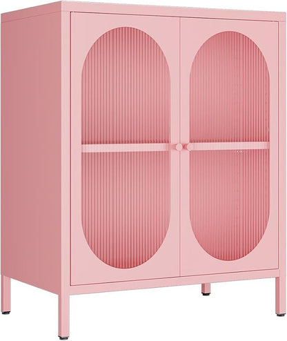 Small 2 Door Metal Storage Cabinet for Pantry,Office Room,Kitchen,Bathroom,Living Room, Hallway-Locker Cabinet with 1 Adjustable Shelf(Translucent Door, Pink)