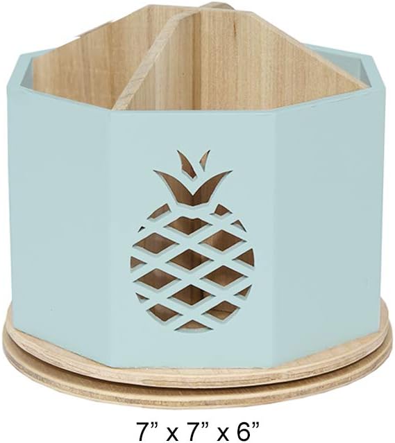 Spinning Desktop Stationary Organizer – Decorative Wooden Rotating Pen and Pencil Cup – Desk and Table Top Office Supplies Station - by Designstyles (Sky Blue Pineapple Cutout)