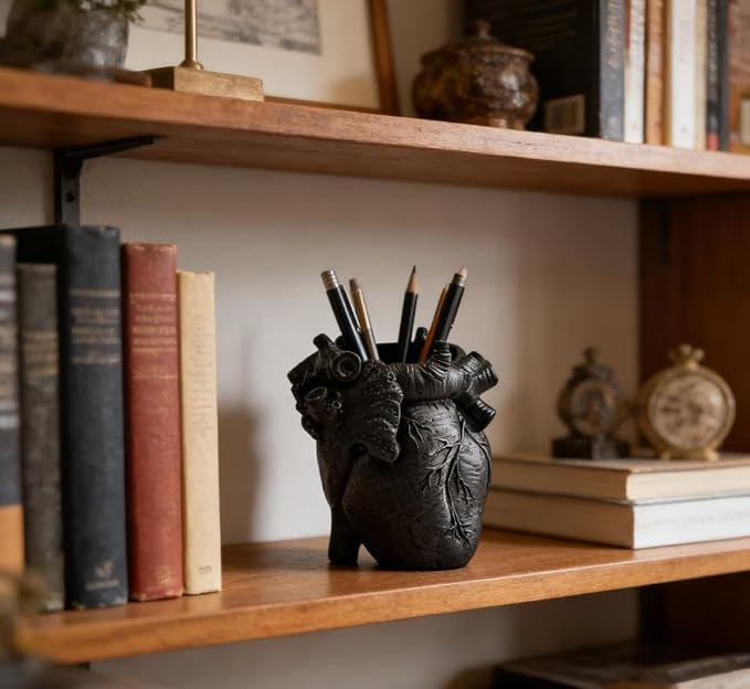 Heart-Shaped Pen Holder, 4.3" x 3.74" Human Heart Organ Shape Pen Holder, Gothic Makeup Brush Holder, 3D Realistic Hearts Anatomy Model for Makeup Brushes Pens,Desk Accessories (Black)