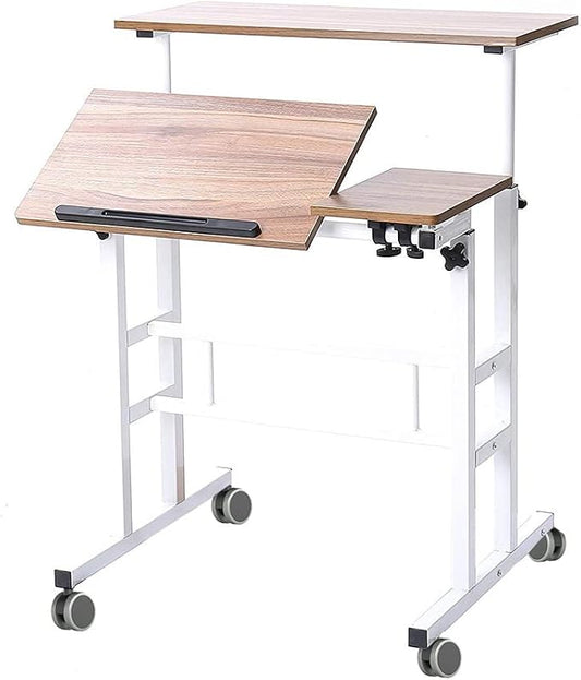 soges Rolling Standing Desk Height Adjustable, 31.5 inch Mobile Stand Up Computer Desk, Sit-Stand Tiltable Top Desk Laptop Stand for Small Spaces, Tall Table for Standing or Sitting, Oak Color