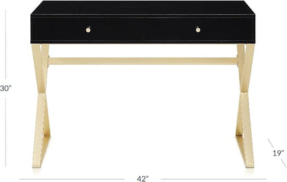 BELLEZE Modern 42 Inch Makeup Vanity Dressing Table or Home Office Computer Laptop Writing Desk with Two Storage Drawers, Wood Top, and Gold Metal Frame - Ellena (Black)