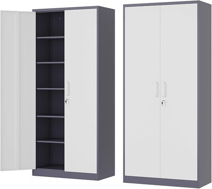 Fesbos Metal Storage Cabinet-72” Tall Steel File Cabinets with Lockable Doors and 5 Adjustable Shelves-Gray&White Steel Storage Cabinet for Home, School, Office, Garage