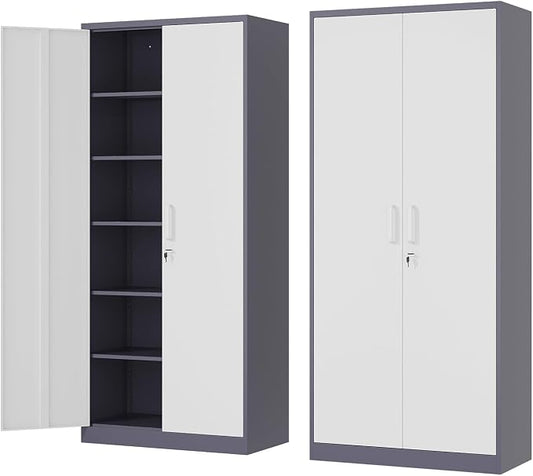 Fesbos Metal Storage Cabinet-72” Tall Steel File Cabinets with Lockable Doors and 5 Adjustable Shelves-Gray&White Steel Storage Cabinet for Home, School, Office, Garage