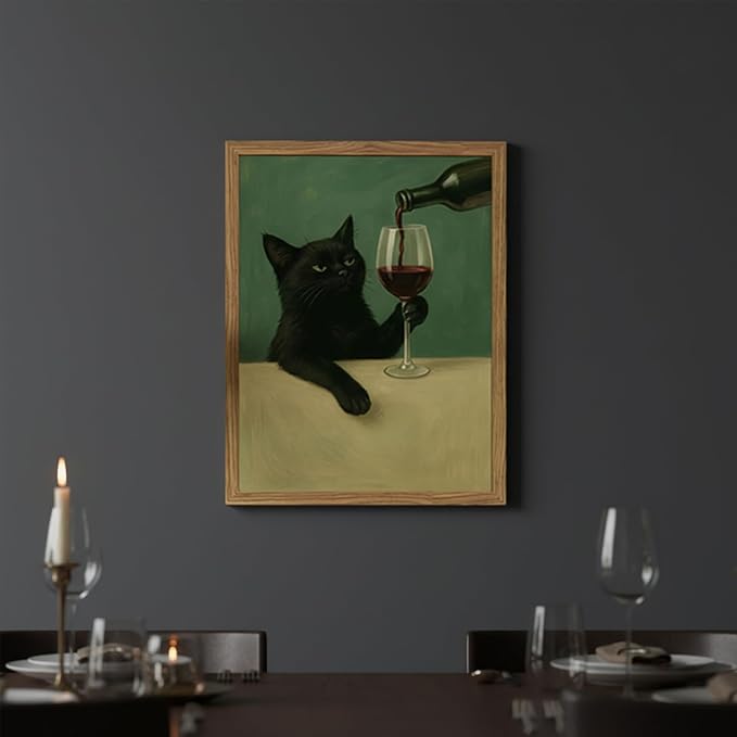 Funny Black Cat Wall Art 12x16 Inch Moody Black Cat with Wine Glass Canvas Wall Decor Whimsical Animal Bar Cart Poster Canvas Prints for Bathroom Kitchen Bar Wood Framed