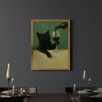 Funny Black Cat Wall Art 12x16 Inch Moody Black Cat with Wine Glass Canvas Wall Decor Whimsical Animal Bar Cart Poster Canvas Prints for Bathroom Kitchen Bar Wood Framed