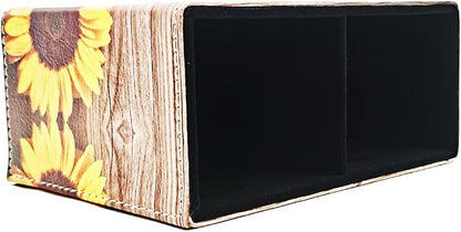 Pen Holder, Rectangle Vintage Pencil Holder with 2 Compartments, PU Leather Art Remote Control Holder Organizer Storage for Desk Accessory (Sunflower)