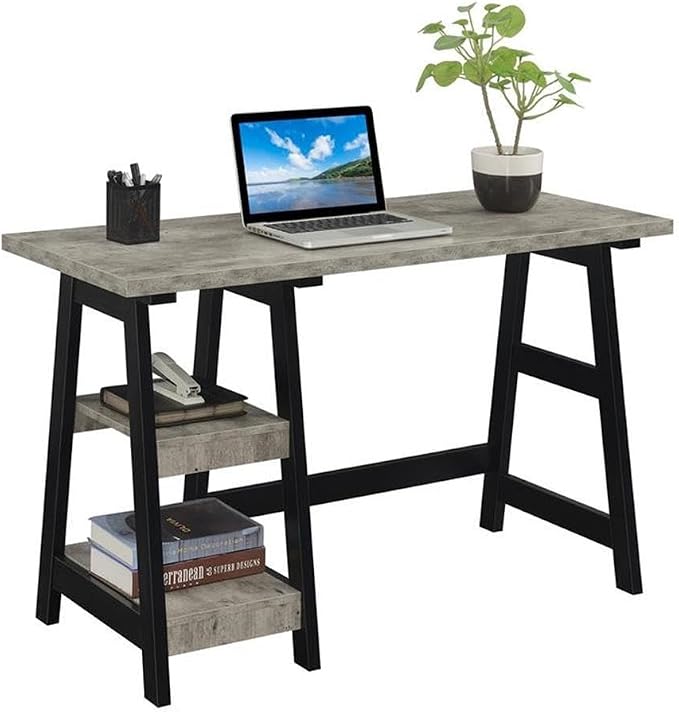 Convenience Concepts Designs2Go Trestle Desk 47" - Modern Desk or Vanity with Shelves, for Office, Dorm, Living Room, Faux Birch/Black