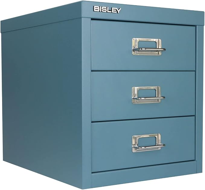 Bisley 3-Drawer Steel MultiDrawer Cabinet - Doulton Blue | Chrome Pull Handles with Label Holders, Powder-Coated Steel, Removable Drawers, Desktop Storage, Labels Included