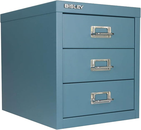 Bisley 3-Drawer Steel MultiDrawer Cabinet - Doulton Blue | Chrome Pull Handles with Label Holders, Powder-Coated Steel, Removable Drawers, Desktop Storage, Labels Included