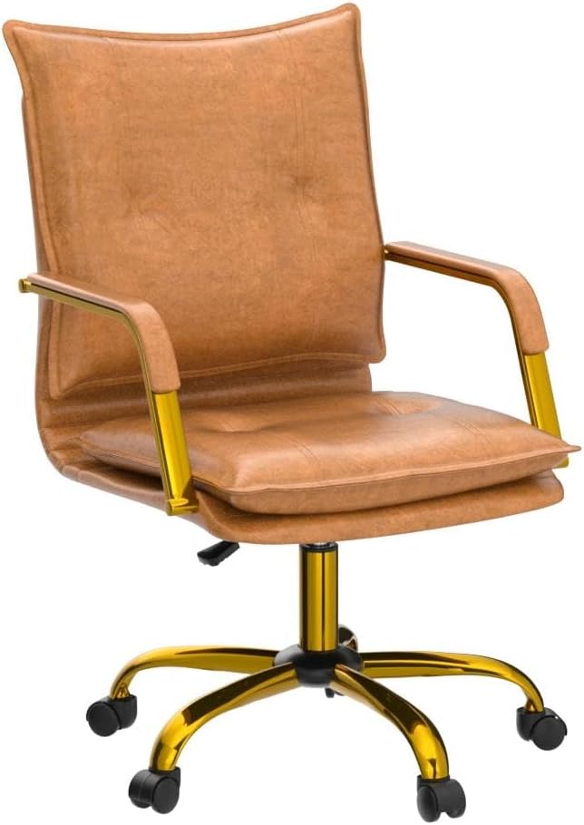 HULALA HOME Faux Leather Home Office Desk Chair, Adjustable Swivel Computer Chair with Golden Legs and Arms, Comfy Upholstered Task Chair,Camel
