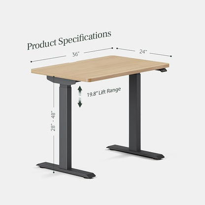 Branch Duo Standing Desk 36 Inches - Adjustable Standing Desk with 20” Range - OLED Control Panel - Frameless Design & Compact Size Suitable for Many Spaces - Charcoal Base - Woodgrain Top