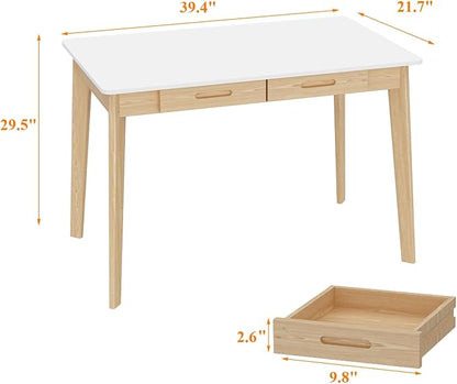 Timechee 40 Inch Compact Computer Gaming Desk, White Study Work Office Desk with 2 Storage Drawers, Rectangular Study Reading Table, Simple Computer Writing Table for Home Office, Living Room