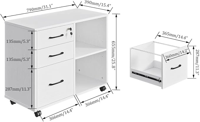 Panana 3 Drawer Office File Cabinets, Mobile Lateral Printer Stand with Open Storage Shelf, Rolling Filing Cabinet with Wheels Home Office Organization and Storage (White)
