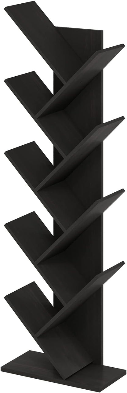 Furinno TREE Book Shelf, 9-Tier Bookshelf, Tree Bookcase with Angled Open Shelf, 8.4 x 15.7 x 50.9, Corner Shelf for Room Decor, for Living Room, Bedroom, Home Office, Espresso