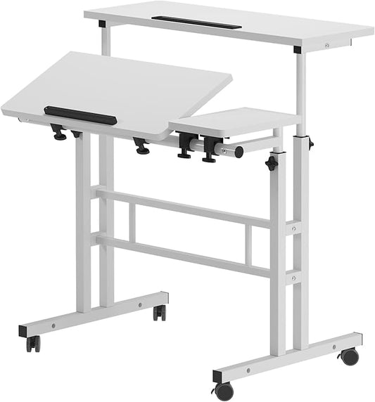 Mobile Laptop Sit-Stand Desk, soges Height Adjustable Standing Tiltable Top Desk, 31.5 inch Stand Up Computer Desk for Home Office, Small Rolling Desk for Small Space, White
