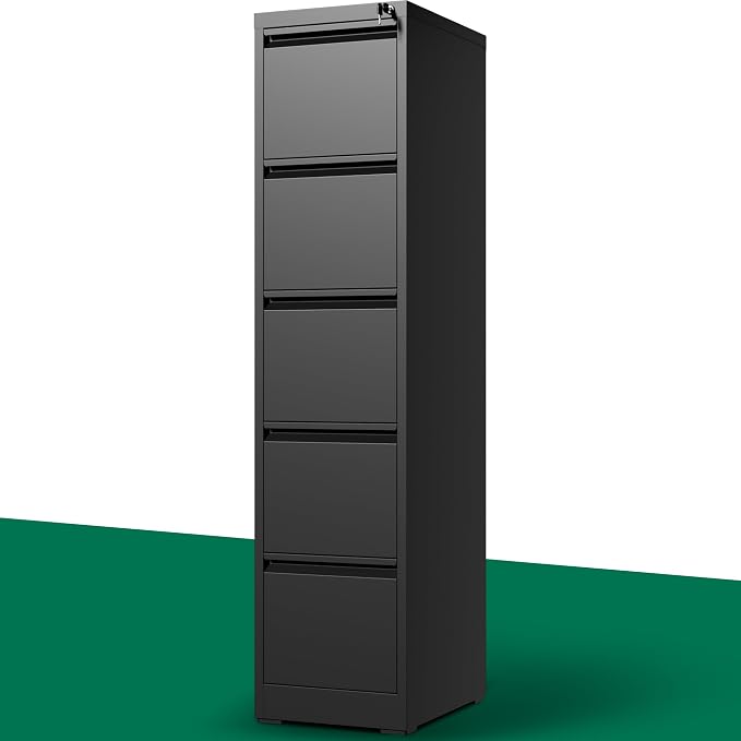 5 Drawer File Cabinet with Lock, Vertical File Cabinet with Lock, Locking File Cabinet Hanging Files for A4/ Legal/Letter, Require Assembly, Black