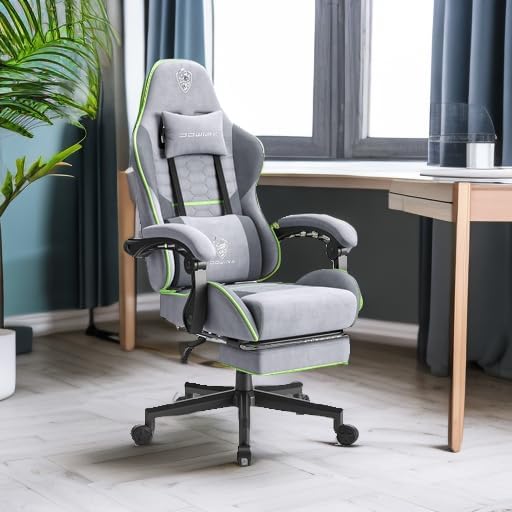 Dowinx Gaming Chair Fabric with Pocket Spring Cushion, Massage Game Chair Cloth with Headrest, Ergonomic Computer Chair with Footrest 290LBS, Light Grey