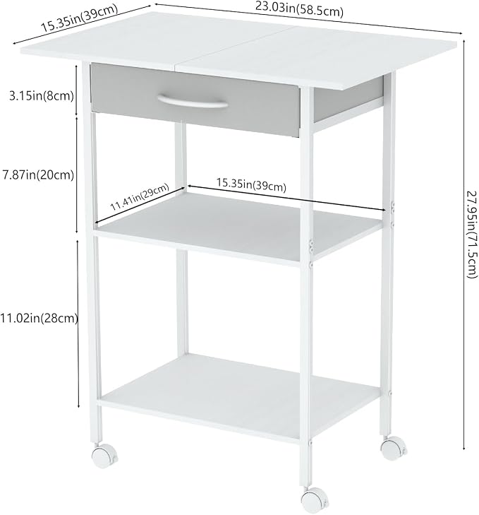 Arbuxzuy 3-Tier Printer Stand, Printer Table with Fabric Drawer, Industrial Printer Storage Cart with Wheels, Rolling Printer Stand for Heat Press Scanner Fax, White